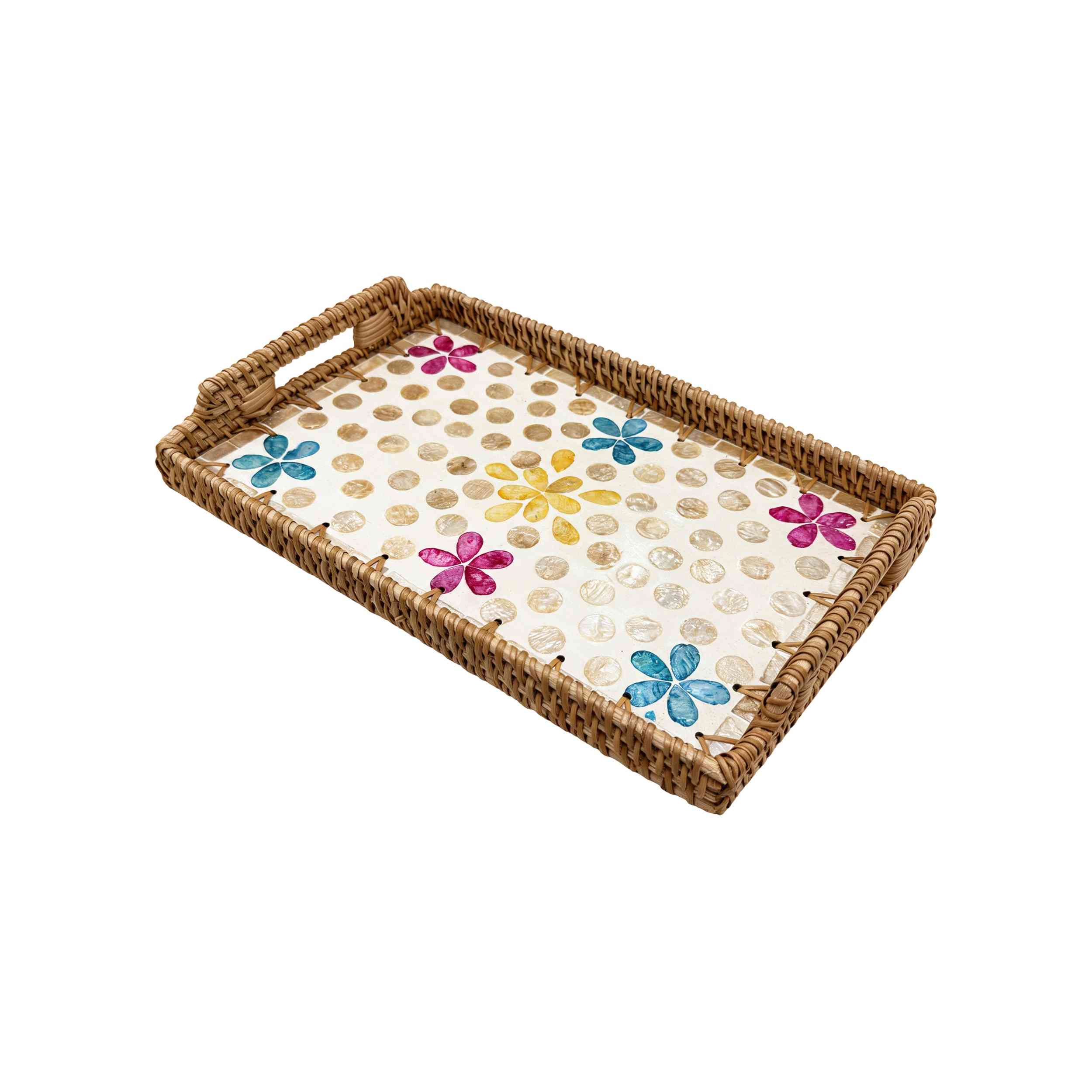 Large rectangular wooden tray with shell inlay