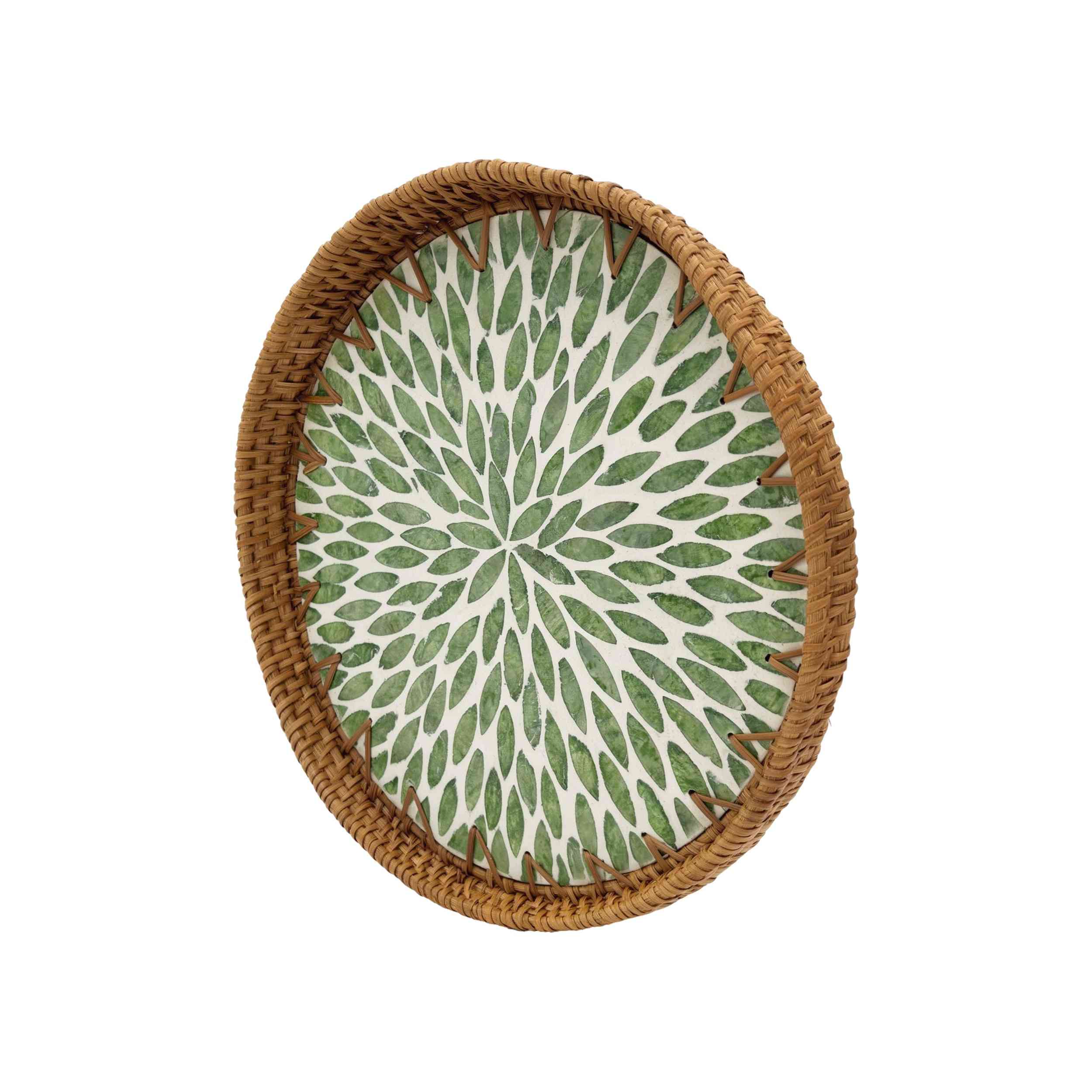 Large round wooden tray with shell inlay